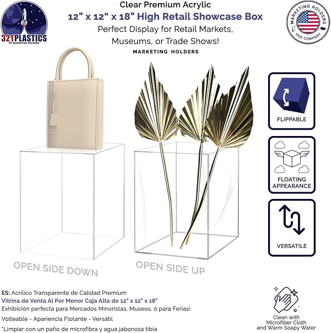 12" x 12" x 18" Clear Acrylic Display Box with One Open Side No Lid Versatile Tall Plexiglass Retail Product Riser Storage Bin or Wedding Floral Centerpiece Pedestal by Marketing Holders - Image 3