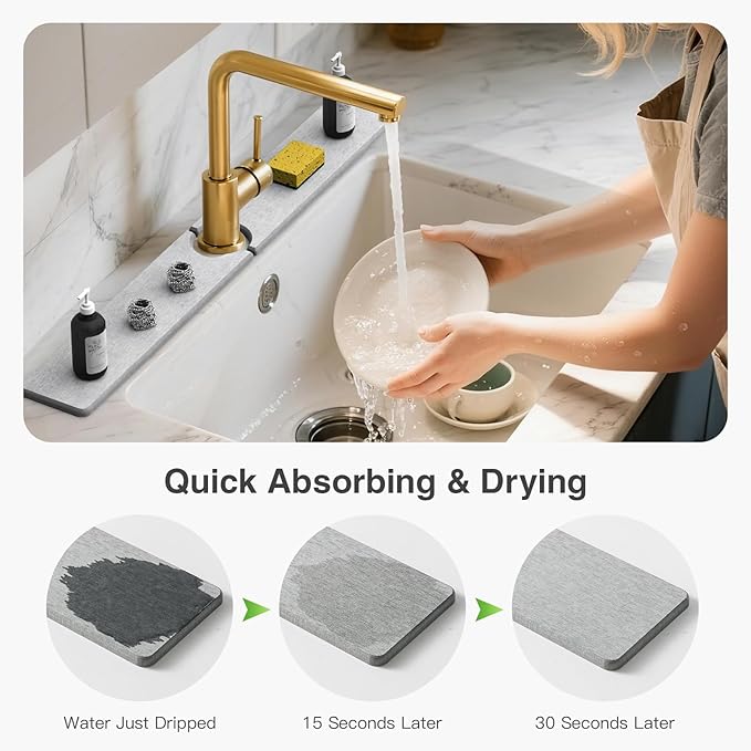 30" x 4" Stone Faucet Mat for Kitchen Sink, Quick Drying Diatomite Sink Tray, Faucet Sink Splash Guard for Prevents Moisture Buildup (Light Gray) - Image 3