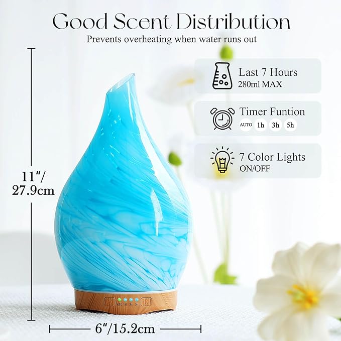 Porseme 280ml Essential Oil Diffuser Glass Color Changing Aroma Air Diffusers Aromatherapy Ultrasonic Cool Mist Humidifier 7 Running Hours Waterless Auto-off for Sleeping, Yoga, Office, Spa(Blue Wave) - Image 3