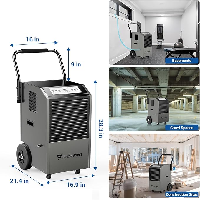 Traver Force Commercial Dehumidifier, 140 Pint Large Dehumidifier with Pump Drain Hose, Up to 5,000 sq. ft, for Crawl Space, Basement, Warehouse, Water Damage Restoration, Job Sites - Image 7