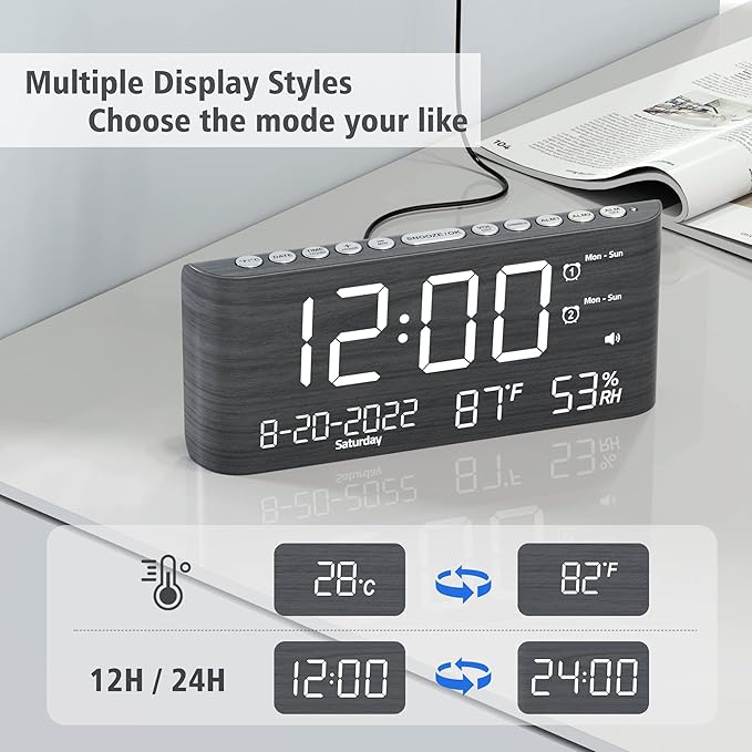 Mesqool Digital Alarm Clock, with Calendar Temperature and Humidity, Loud Volume, Dual Alarm, USB and Type-C Charging Ports, Dimmer, 12/24H, Snooze, Stylish Wood Grain Pattern Digital Clock for Décor - Image 4
