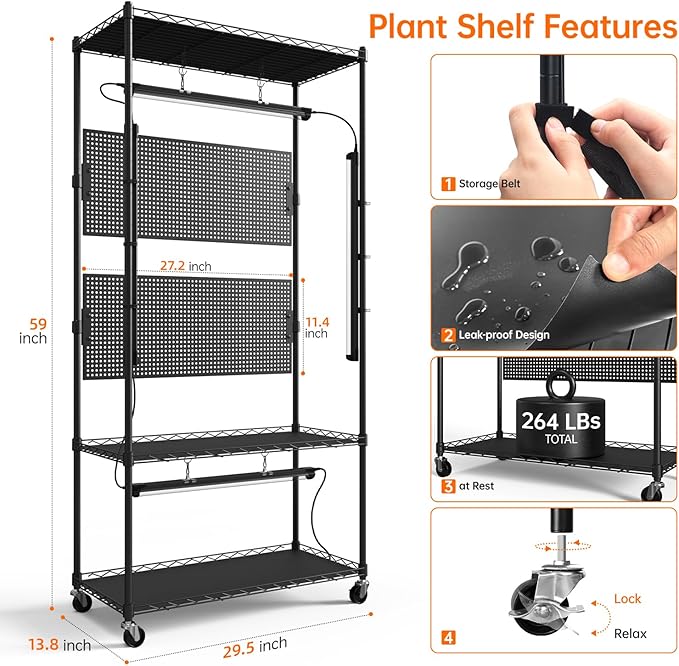 Bstrip Plant Cabinet with Pegboard, 3 Tier Plant Shelf with Grow Light, Metal Plant Stand with 4 Pack 96W Grow Lights for Indoor Plant, Foliage Plants, Seed Starting, 29.5"x13.8"x59" - Image 9