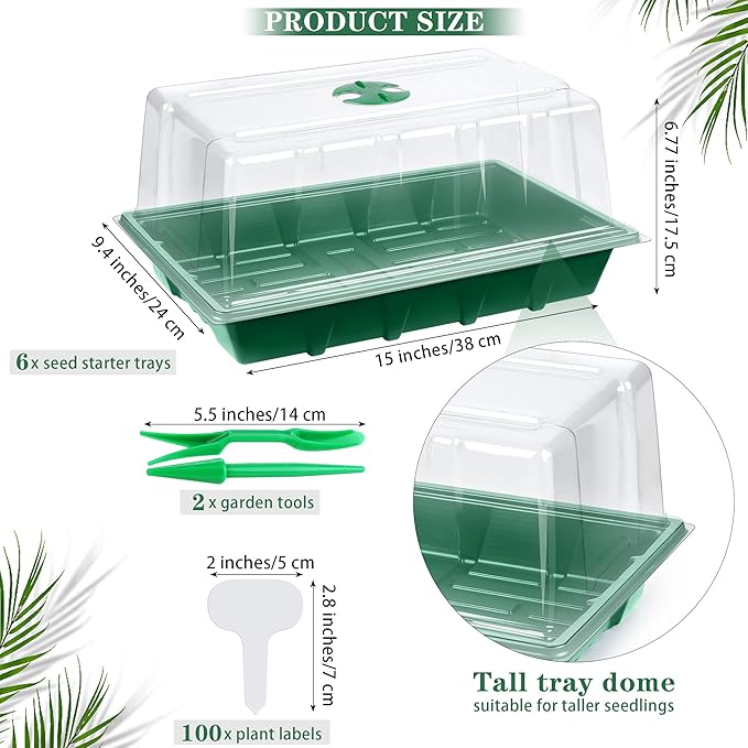6 Packs Seed Starter Tray Kits with Humidity Dome, Plastic Germination Growing Trays with Plants Labels Planting Tools for Seeds Growing Starting, Germination Seedling Propagation, Green - Image 2