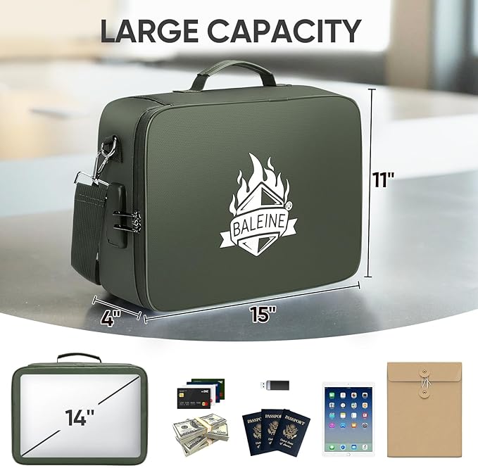 BALEINE Fireproof Document Box with Lock, Portable Fireproof Document Bag Waterproof Fire Proof File Boxes for Documents, File Organizer Box for Important Paperwork (Green, 15''x11''x4'') - Image 3