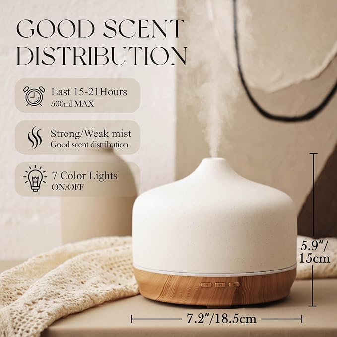 Porseme 500ml Ceramic Essential Oil Diffuser Aromatherapy Ultrasonic Cool Mist Humidifier 15-21 Running Hours Air Diffusers for Sleeping Yoga Office Working Spa and Rest (White Ceramic) - Image 2
