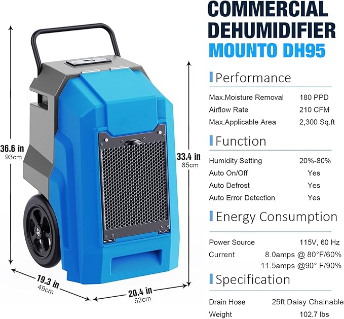 MOUNTO 180Pints Commercial Dehumidifier with Pump and Drain Hose, LGR Portable Dehumidifier with wheels for Home, Basements, Garages, and Job Sites. - Image 4
