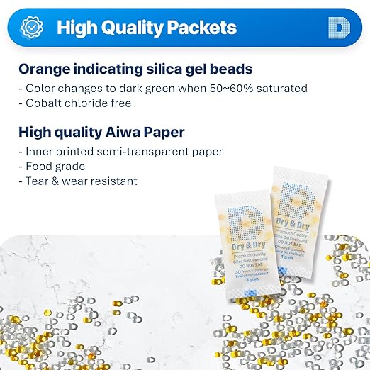 Dry & Dry 1 Gram [50 Packets] Orange Indicating Silica Gel Packets Desiccants - Food Safe Silica Packs, Silica Gel, Silica Packets, Desiccant Packs for Food Storage - Image 2