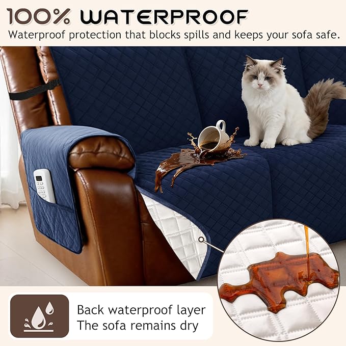 Arfntevss Waterproof Recliner Sectional Couch Covers for Reclining Sectional L Shape Sofa Cover Non Slip Washable Recliner L Shaped Slipcover Sets for Dog Furniture Protector (5 Seater, Navy Blue) - Image 2