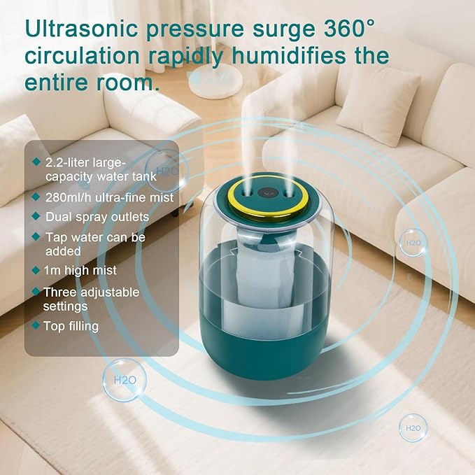 Humidifier with Double Nozzle, 2.2L Humidifiers for Bedroom, 26dB Quiet Dual Spray Cold Mist Humidifier for Plants, Office, and Home Baby Nursery, 3 Gear and Night Light, Easy to Fill & Clean - Image 6