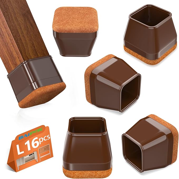 16Pcs Square Chair Leg Floor Protectors with Thickened Felt Pads Silicone Chair Leg Covers Caps to Protect Hardwood Tile Floors Furniture Feet Reduce Noise (Brown L Fit 1.14"-1.42") by BAIPOK