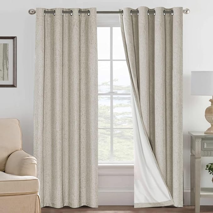 H.VERSAILTEX Linen Curtains 100% Blackout Curtains for Bedroom 90 inch Long Full Light Blocking Nature Linen Blended Window Curtains for Living Room Nickel Grommet (2 Panels, Cobblestone) by HVERSAILTEX