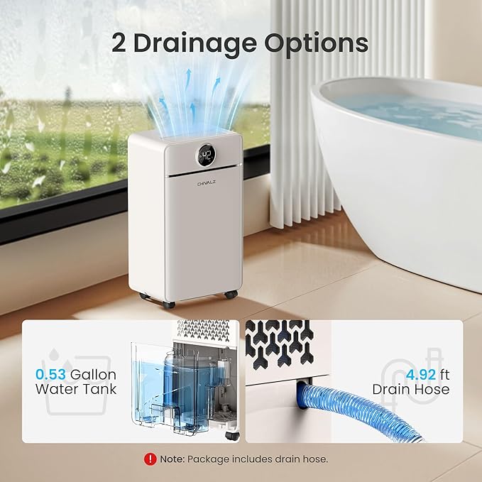 CHIVALZ 1500 Sq.Ft Dehumidifier for Basement with Drain Hose Max 25 Pints, Dehumidifiers for Home, Bedroom, Bathroom, Quiet, Intelligent Humidity Control, 3 Modes, 24H Timer, Lvory 1Pack - Image 5