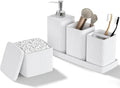 White Bathroom Accessories Set 5 Pieces, Resin Toothbrush Holders Set Complete with Soap Dispenser, Toothbrush Holder, Vanity Tray, Bathroom Tumbler and Qtip Holder for Small Spaces by LetUsMakeHomeYourFavoriteDestination