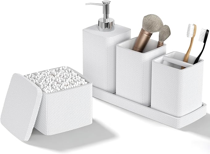 White Bathroom Accessories Set 5 Pieces, Resin Toothbrush Holders Set Complete with Soap Dispenser, Toothbrush Holder, Vanity Tray, Bathroom Tumbler and Qtip Holder for Small Spaces by LetUsMakeHomeYourFavoriteDestination