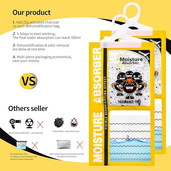 ZSZMFH 15 Pack Moisture Absorber & Max Odor Eliminator Hanging Bag, Charcoal Smell Remove Damp Musty Smell,Hanging Closet Dehumidifier Bags with 25g of Activated Charcoal (220g/pack) Yellow - Image 2
