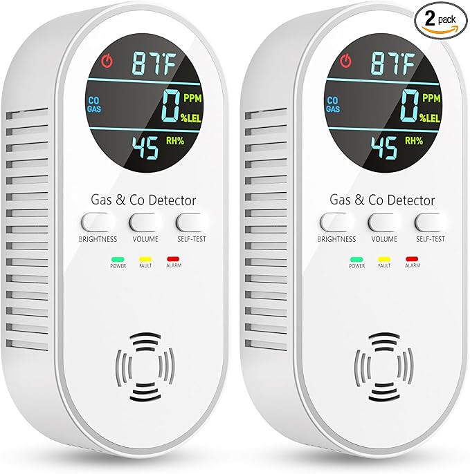5-in-1 Carbon Monoxide Detectors, Natural Gas Leak Detector, Plug-in & Battery Backup Co Detector, HD Digital Display, CO Gas Temp Humidity Sensor Vilfet, 2-Pcs, White by VilfeLLC