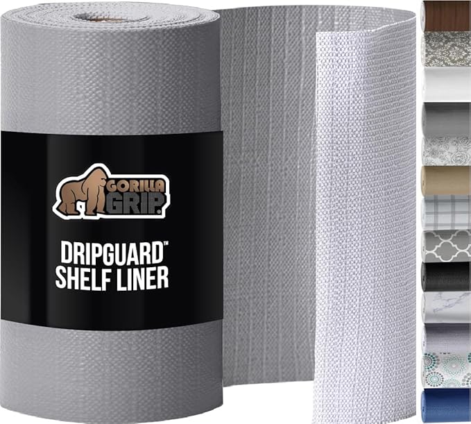 GORILLA GRIP DripGuard Shelf Liner, Non-Adhesive Drawer and Kitchen Cabinet Protector, Strong Grip Slip Resistant Underside, Smooth Surface Liners for Cabinets, Bathrooms, Closets, 17.5x240 Inch, Gray by GorillaGrip