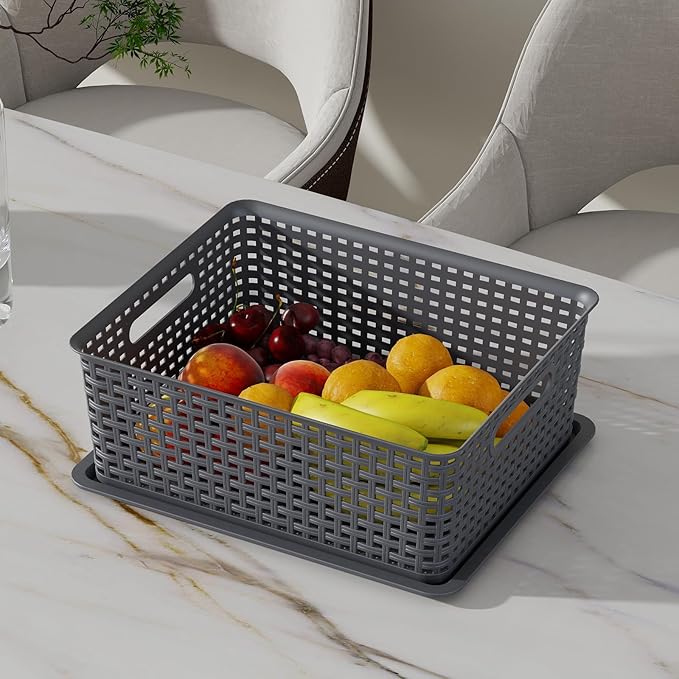 13 Quart Plastic Storage Baskets with Lid, Weave Organizing Bins, Gray, 6 Packs - Image 8