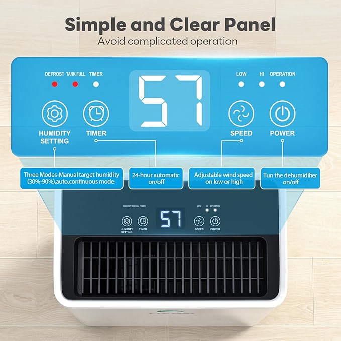 1500Sq.Ft Dehumidifier, 30Pint Dehumidifiers for Home, Quiet Dehumidifier for Bathroom, Basement, Bedroom and RV, with 6.56FT Drain Hose,0.66Gal Water Tank, 3-Color Humidity Light - Image 7