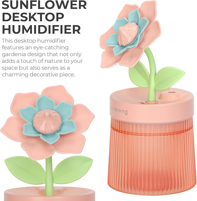 Gardenia Desktop Humidifier for Bedroom, Quiet Cool Mist Humidifier with Diffuser and LED Night Light, Auto Shut-Off, 260 ML Portable Humidifier for Car Outdoor, Home, Indoor, Nursery, Plant (Pink) - Image 2