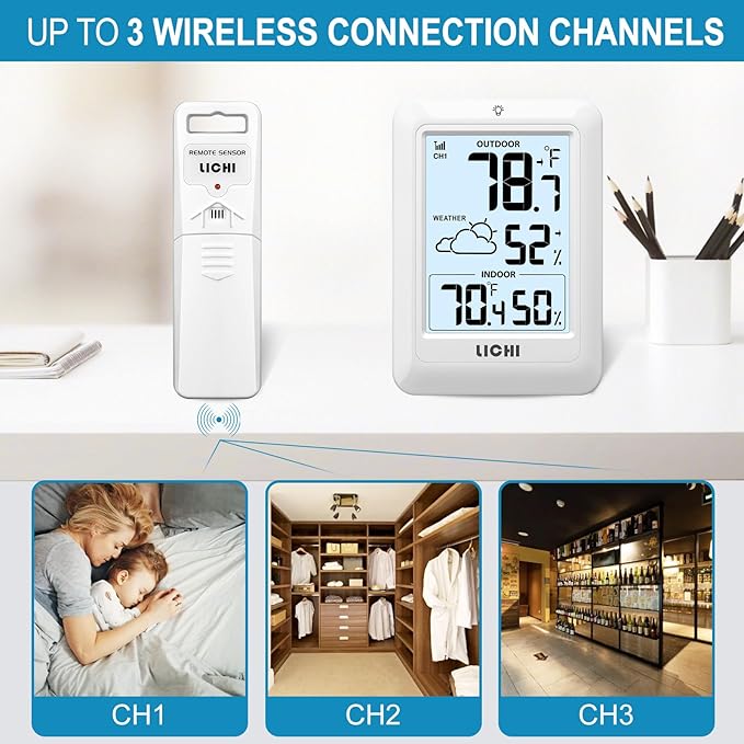 Indoor Outdoor Thermometer Wireless Weather Station, Internal External Thermometer Hygrometer, Home Batteryoperated Temperature Humiditymonitors330 Feet (About 100 Meters) Backlight Display (White) - Image 5