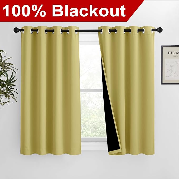 NICETOWN 100% Blackout Blinds, Set of 2, 46 inches x 45 inches, Laundry Room Decor Window Treatment Curtains for Large Patio Sliding Door, Thermal Insulated Paler Yellow Curtains for Bedroom - Image 2