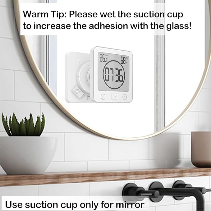 Waterproof Bathroom Wall Clock and Timer, Digital Water Resistant Hanging Timer for Shower, Large Display Kitchen Cooking Countdown Timers, Mirror Suction Clock with Temperature Humidity Meter (White) - Image 2