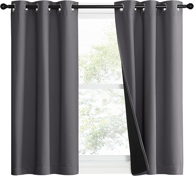 NICETOWN 100% Blackout Short Curtains with Black Liners, 2 Panels, 37" W by 40" L, Grey, Solid Thermal Insulated Full Blackout 2-Layer Lined Drapes, Energy Efficiency Window Draperies for Bedroom by NICETOWN