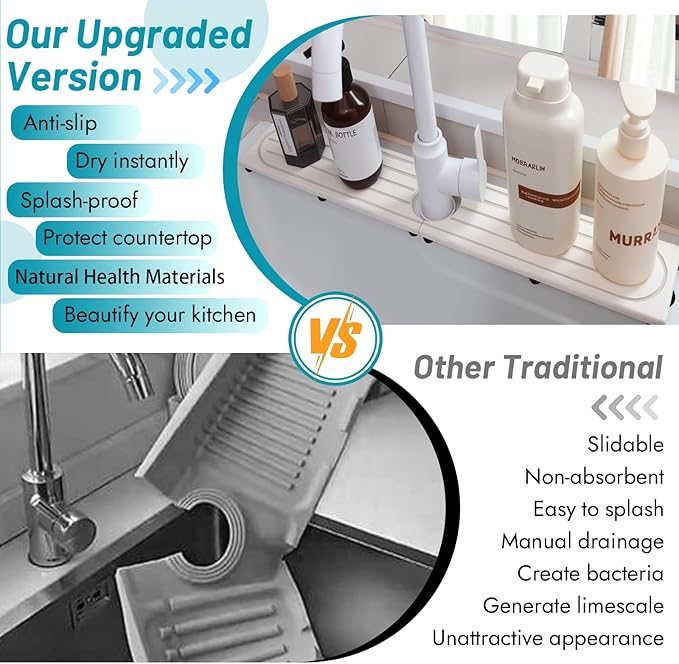 Faucet Mat for Kitchen Sink with Raised Feet, Stone Sink Mat Quick Dry around Faucet, Water Absorbent Stone Tray, Sink Splash Guard & Protectors, Stone Drying Mat for kitchen Counter - Image 6