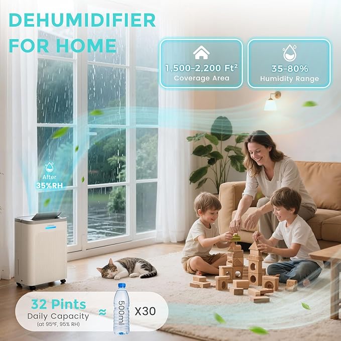 1500 Sq.Ft Dehumidifier, Max 32 Pint Quiet Dehumidifier for Bedroom with HEPA Filter Air Purifiers, Dehumidifiers for Basement with Drain Hose,Home,Bathroom,Auto Defrost,Smart Humidity Control - Image 4
