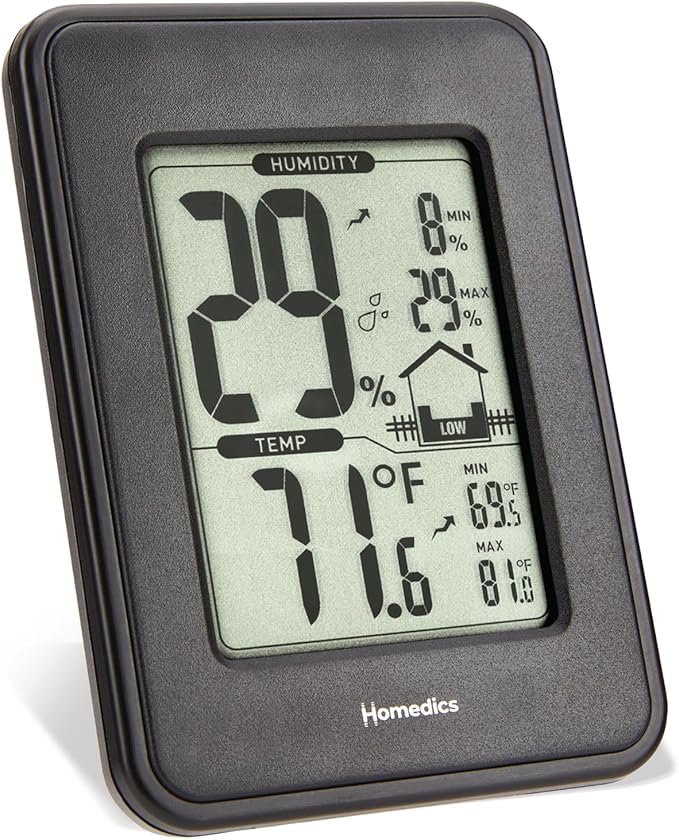 Homedics HM100 Indoor Humidity Monitor, Easy-Read Hygrometer to Monitor Indoor Air Comfort, Fahrenheit and Celsius, Battery-Operated Room Thermometer for Home by Homedics