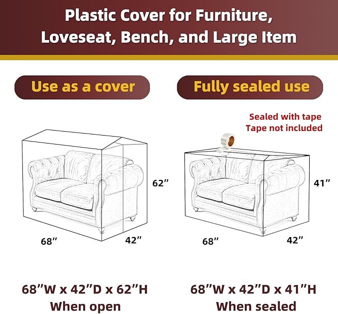Yotelab Plastic Furniture Cover for Moving and Storage, Plastic Love Seat Couch Cover Protector, Waterproof and Dustproof Clear Moving Bags for Loveseat Bench Sofa, 68Wx42Dx62H/41H Inches (No Seal) - Image 2