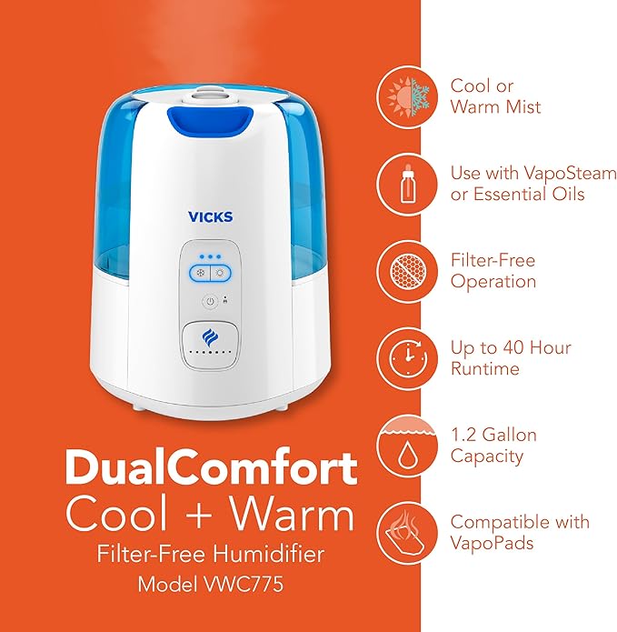 Vicks Dual Comfort Cool + Warm Mist Humidifier for Bedrooms With Fusion Technology, Compatible with Vicks VapoPads and Vicks VapoSteam, White - Image 4