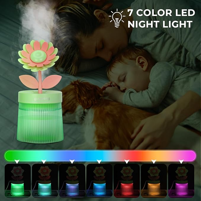 Cute Flower Mini Humidifier, 260ml Sunflower Desktop Humidifiers for Bedroom, Portable Small Cool Mist Humidification for Home, Baby Nursery, Office & Indoor Plants, USB Powered (Green) - Image 5