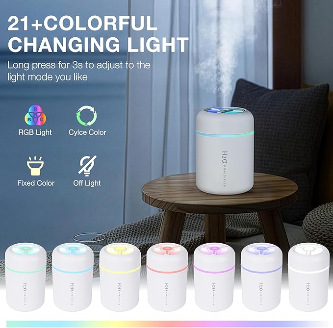 Portable Mini Humidifier, 300ml USB Cool Mist Small Humidifier with Colorful Lights. Perfect for Bedroom, Office, Plants, travel & Car (White) - Image 4