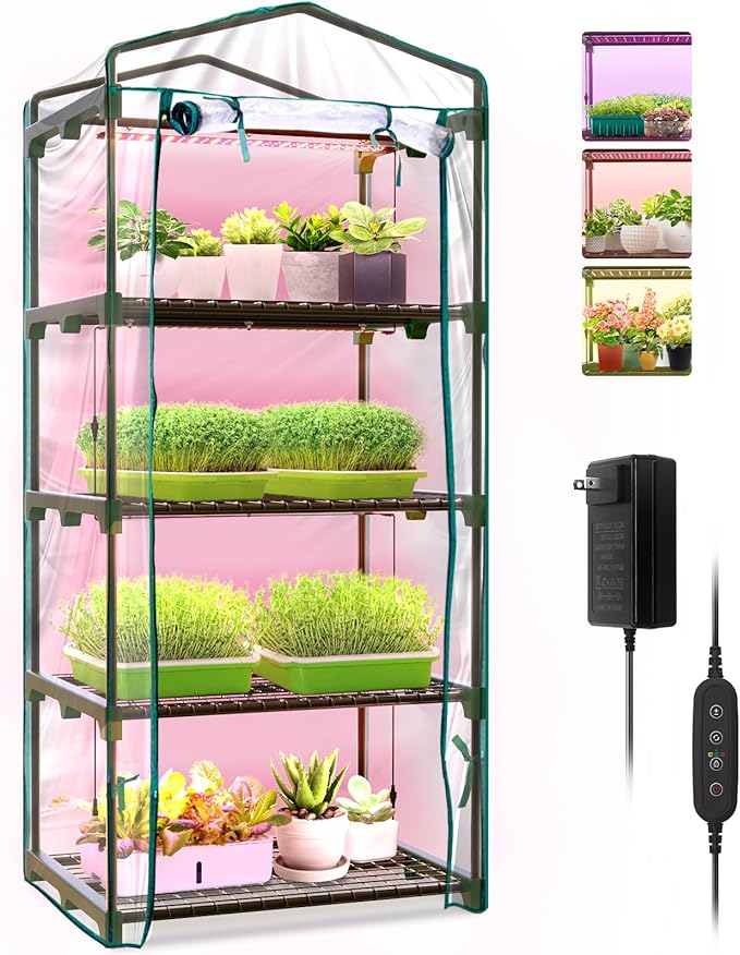 Bstrip Indoor Greenhouse with Grow Lights, 4 Tier 27.2" L×19.9" W×61.8" H Mini Greenhouse with Zippered PVC Cover for Seed Starting Trays, Dimmable 2FT 60W Plant Light for Indoor Plants with Timer by Bstrip