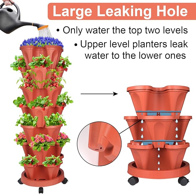 DUNCHATY Stackable Planters 7 Tier Vertical Garden Planting Tower Planters Strawberry, Herb, Flower, and Vegetable Planter Indoor Outdoor Gardening Pots with Removable Wheels and Tools - Image 6