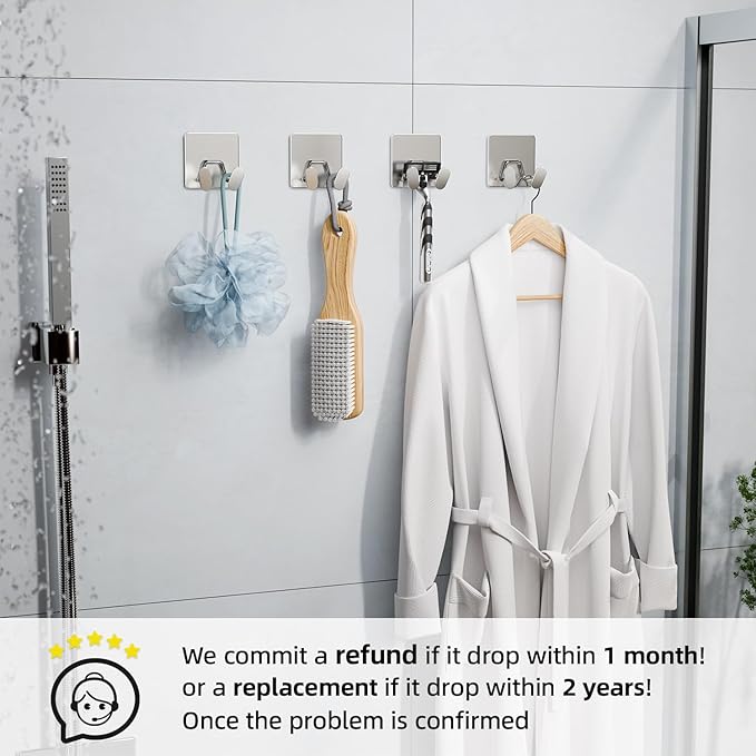Adhesive Shower Hooks for Inside - Extra Sticky Stainless, Razor Holder Shower Accessories, Wall Mounted Self-Adhesive Double Hooks for Razor, Loofah, Towel, Shaver, Coat, Key, Silver, 4-Pack - Image 7