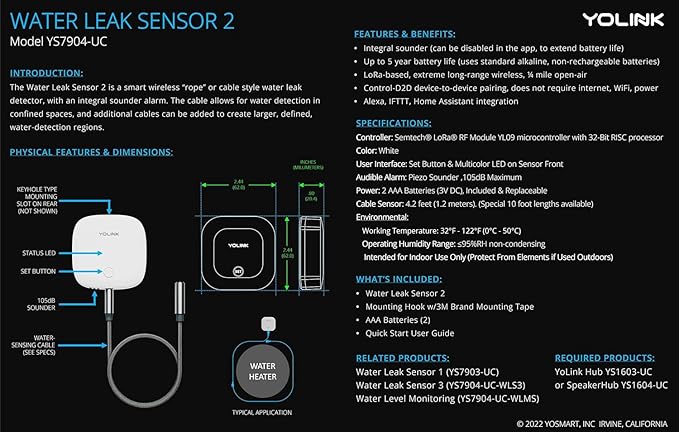 YoLink Water Leak Sensor 2,1/4 Mile World's Longest Range Smart Home Water Leak Sensor,Water Leak Detector with Built-in Siren Up to 105dB,Works with Alexa and IFTTT-YoLink Hub Required,YS7904-UC - Image 2
