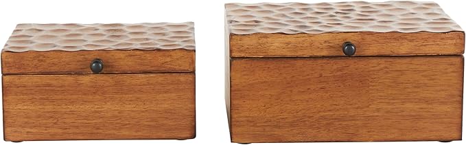 Deco 79 Wood Geometric Decorative Box Textured Concave Honeycomb Storage Decorative Keepsake Boxes with Black Knobs, Set of 2 Storage Boxes 10", 8"W, Brown by Deco79