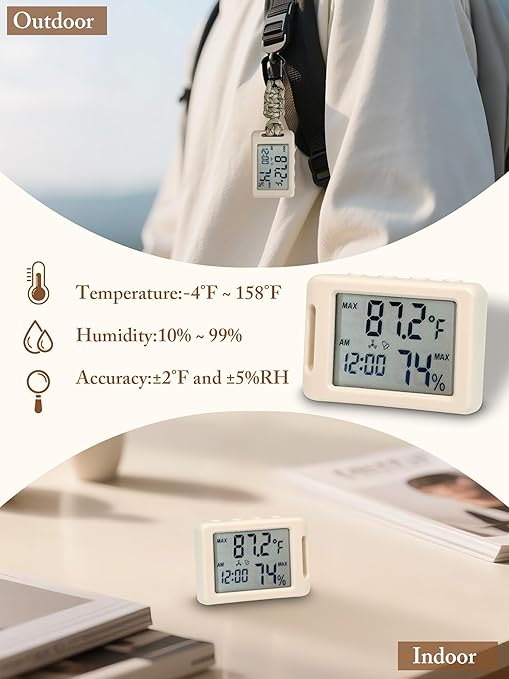 Digital Thermometer,Room Thermometer Indoor,Temperature Humidity Monitor with Display Time Date,Hygrometer Indoor Humidity with Carabiner Clip,Outdoor Thermometer for Camping Hiking Travel - Image 2