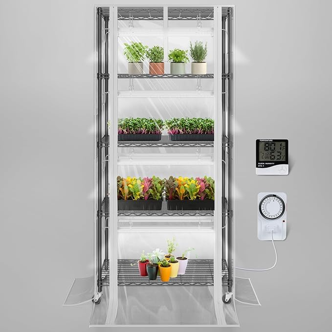 SOLIGT Indoor Greenhouse with Grow Lights - 5 Tier Plant Shelf & 8 x 2FT 6000K Full Spectrum Lights, Thick PVC Cover, Mesh Ventilation, Mini Small Greenhouse Cabinet for Seed Starting Seedlings Growth by SOLIGT