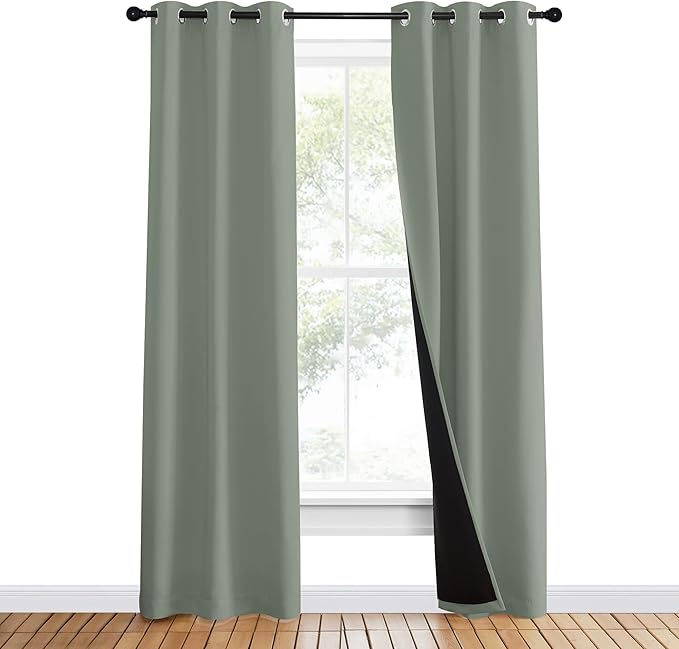 NICETOWN 100% Blackout Window Curtain Panels, Heat and Full Light Blocking Drapes with Black Liner for Nursery, 80" Drop Thermal Insulated Draperies (Greyish Green, 2 Pieces, 37" Wide Each Panel) - Image 2