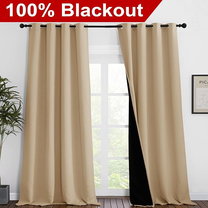 NICETOWN Thermal Insulated 100% Blackout Curtains, Sound Proof Drapes with Black Backing, Full Light Blocking Panels for Patio Sliding Door (Biscotti Beige, 1 Pair, 55 inches x 102 inches) - Image 2