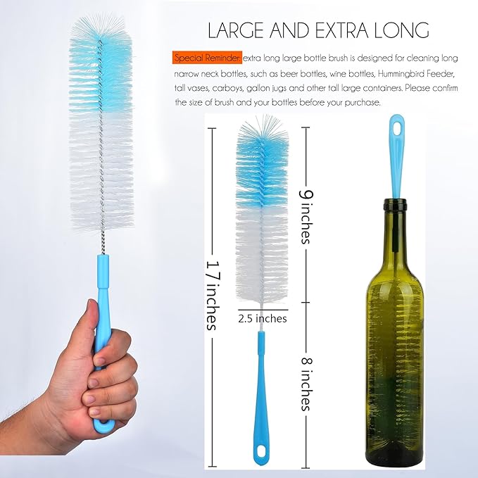 3-Pack Long Bottle Cleaning Brush for Narrow Neck Beer, Wine, Flask, Thermos, Sportwell, Pitcher, Brewing Bottle Cleaner, 16 Inches - Image 2