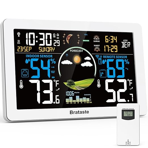 Weather Station Wireless Indoor Outdoor, Digital Thermometer, 7.5'' VA Display Home Weather Stations, Accurate Temperature Humidity Gauge with Weather Forecast, Atomic Clock,White by Brataste