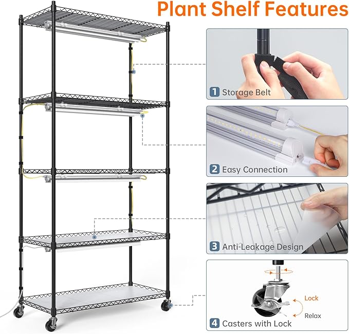 Bstrip Plant Shelf with Grow Light, 5-Tier Plant Stand with T8 24W Grow Light for Indoor Plants with Wheel, Grow Light Shelf with Timer for Indoor Plant, Seedling, Seed Starting, 29.5x13.8x59IN - Image 5