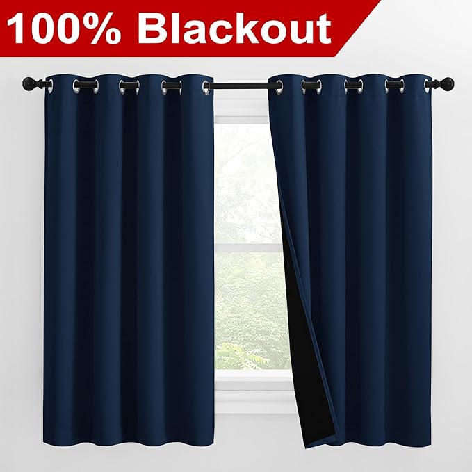 NICETOWN 100% Blackout Curtains with Black Liners, Thermal Insulated 2-Layer Lined Drapes, Energy Efficiency Small Window Draperies for Dining Room (Navy Blue, 2 Panels, 55 inches W by 57 inches L) - Image 2