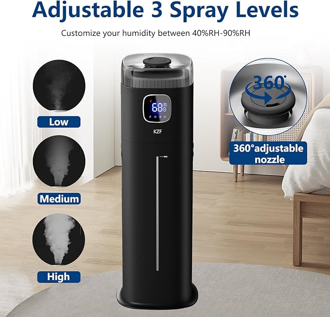 KZF Large Humidifier for Bedroom, 9L/2.5Gallon Ultrasonic Cool Mist Humidifier with Humidistat, 360°Nozzle, 350ML/H Big Mist Level, Suitable for Kids Room Livingroom Yoga Office Plant - Image 4