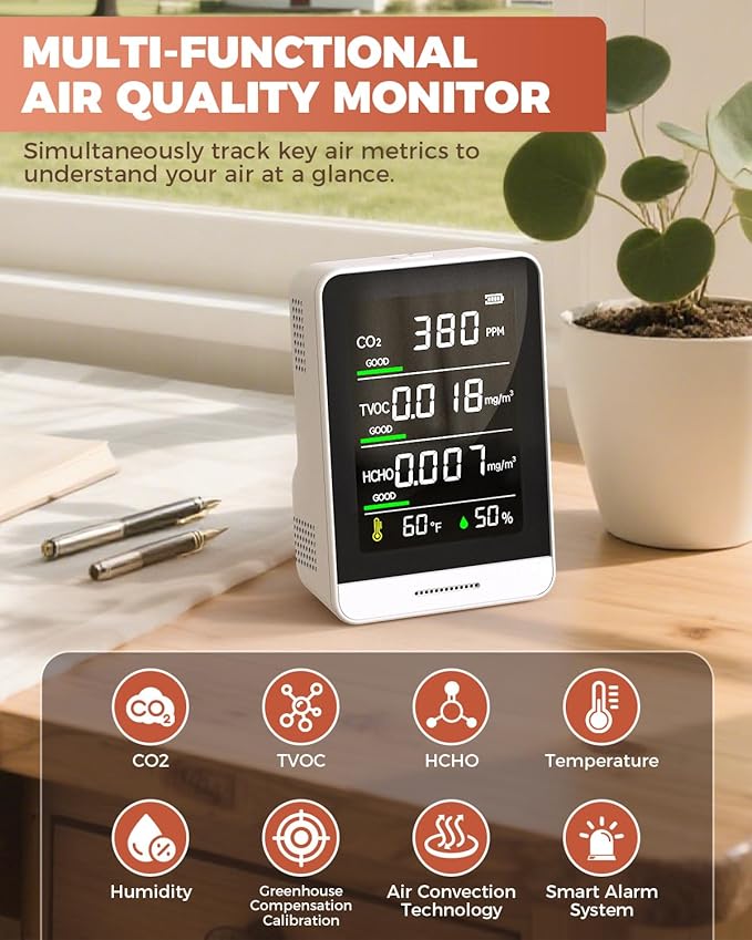 Air Quality Monitor Indoor, 5 in 1 Portable Real-Time Smart Air Quality Tester with CO2 Monitor, HCHO, TVOC, Temperature, Humidity Detector for Home, Office, Car, Hotel (White) - Image 2